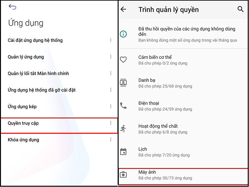 Nhấn chọn Quyền ứng dụng, sau đó chọn Máy ảnh